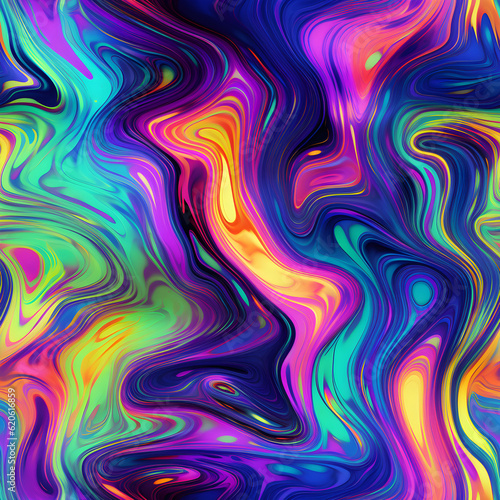 A seamless digital art with oil slick pattern in bright neon colors. Generative AI
