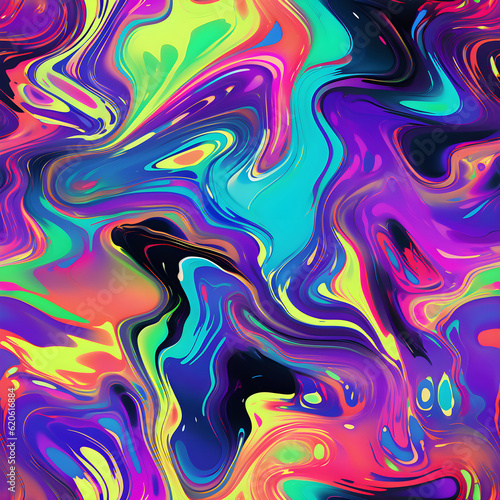 A seamless digital art with oil slick pattern in bright neon colors. Generative AI