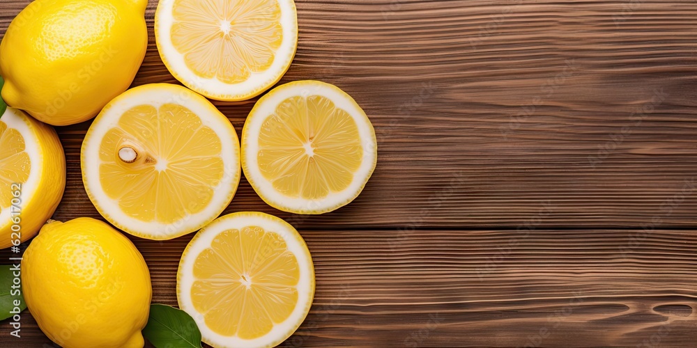 Citrus refreshment. Closeup of top view of fresh fruit and lemon slice on a wooden table with copy space Citrus refreshment. Closeup of top view of fresh fruit and lemon slice on a wooden table with copy space