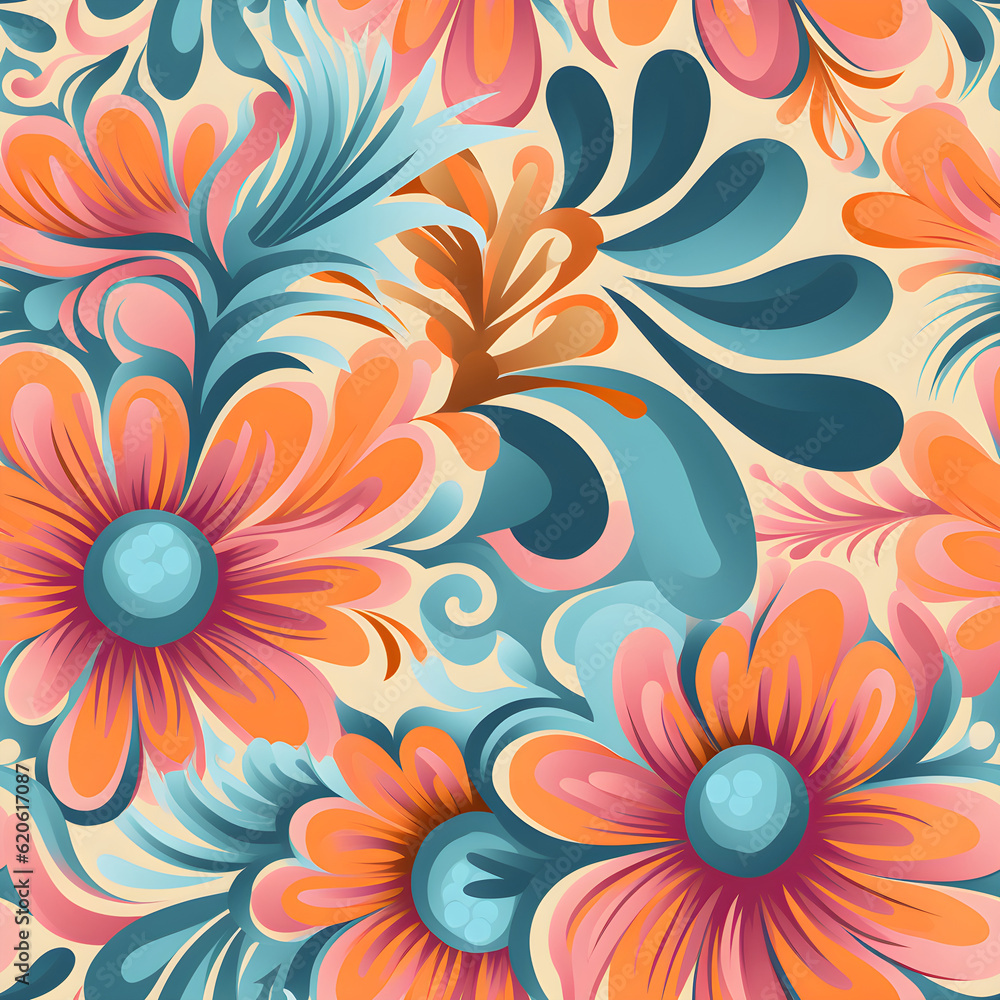 A seamless pattern inspired by retro psychedelic art, incorporating bold and vibrant colors, swirling patterns, and flower motifs, evoking the nostalgic and groovy vibe of the 1960s. Generative AI.