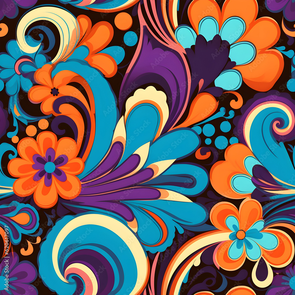 A seamless pattern inspired by retro psychedelic art, incorporating bold and vibrant colors, swirling patterns, and flower motifs, evoking the nostalgic and groovy vibe of the 1960s. Generative AI. A seamless pattern inspired by retro psychedelic art, incorporating bold and vibrant colors, swirling patterns, and flower motifs, evoking the nostalgic and groovy vibe of the 1960s. Generative AI.