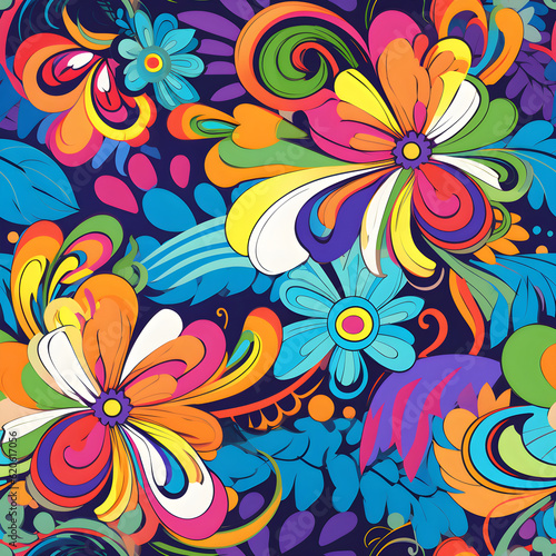 A seamless pattern inspired by retro psychedelic art, incorporating bold and vibrant colors, swirling patterns, and flower motifs, evoking the nostalgic and groovy vibe of the 1960s. Generative AI. photo