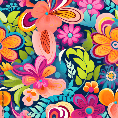 A seamless pattern inspired by retro psychedelic art  incorporating bold and vibrant colors  swirling patterns  and flower motifs  evoking the nostalgic and groovy vibe of the 1960s. Generative AI.