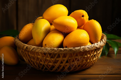 mangoes in a bamboo basket on a wooden background