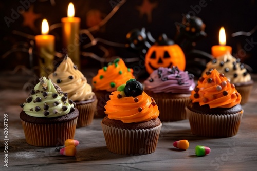 Halloween cupcake decorated with monster, skull and ghost figurines, generated by AI