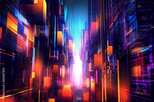 Illustration of a vibrant cityscape at night with illuminated buildings and bustling streets, created using generative AI