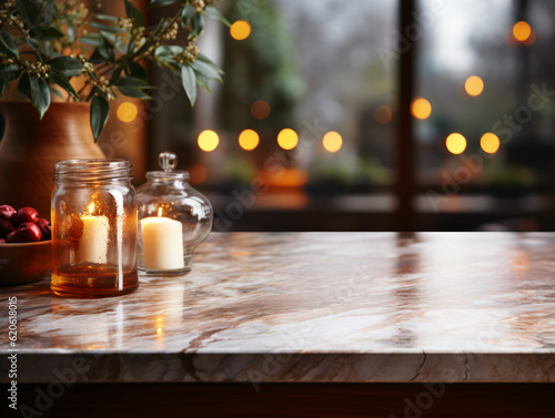 Clean and Elegant  Empty White Marble Stone Tabletop with Shelf  Against a Blurred Background. Perfect for Food and Product Display. Generative ai