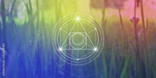 Philosopher Stone Sacred Geometry zentangle inspired design template with oriental tribal ornaments. Ornamental new age art.Meditation symbol in front of blurry nature background.