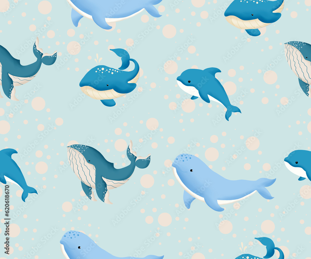 Seamless Pattern hand drawn illustration of a whale swimming in the sea on blue Background Seamless Pattern hand drawn illustration of a whale swimming in the sea on blue Background