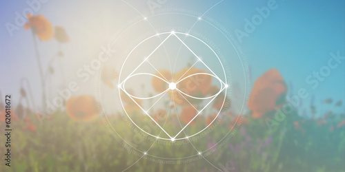 Sacred geometry spiritual new age futuristic illustration with transmutation interlocking circles, triangles and glowing particles