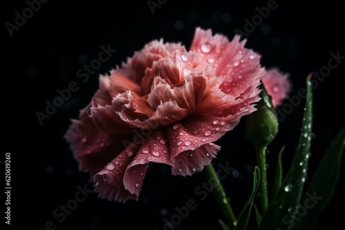 A wet pink carnation with green stem against dark background. Generative AI