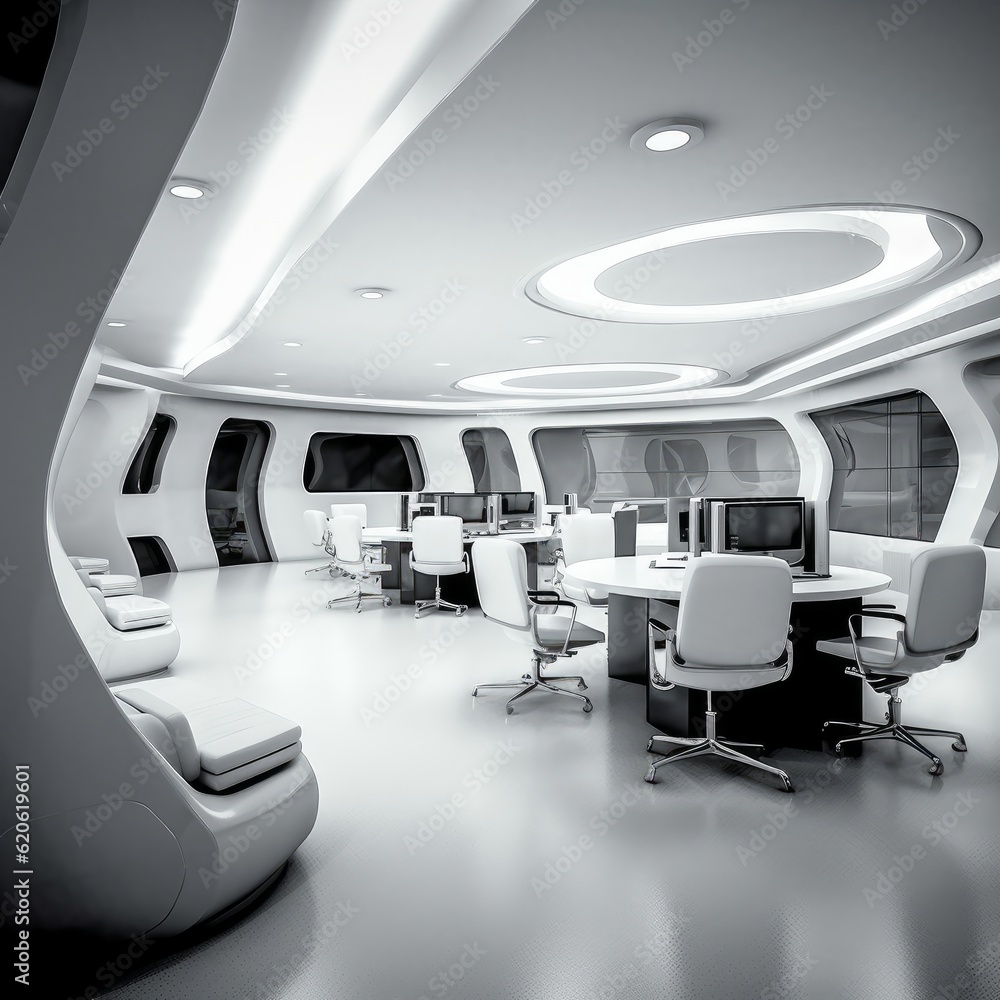 Illustration of a futuristic office with white chairs and a round table, created using generative AI Illustration of a futuristic office with white chairs and a round table, created using generative AI