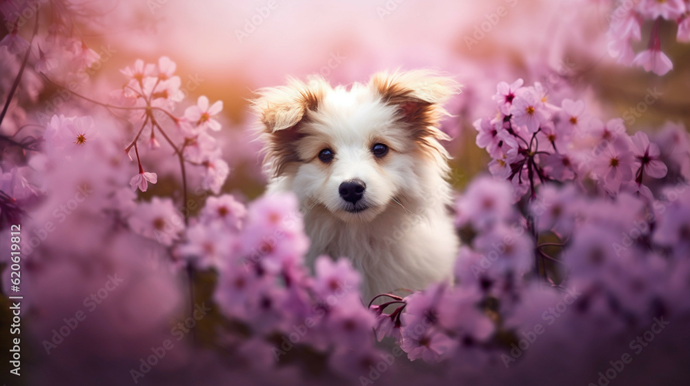 Cute puppy in blooming sakura flowers, spring season.