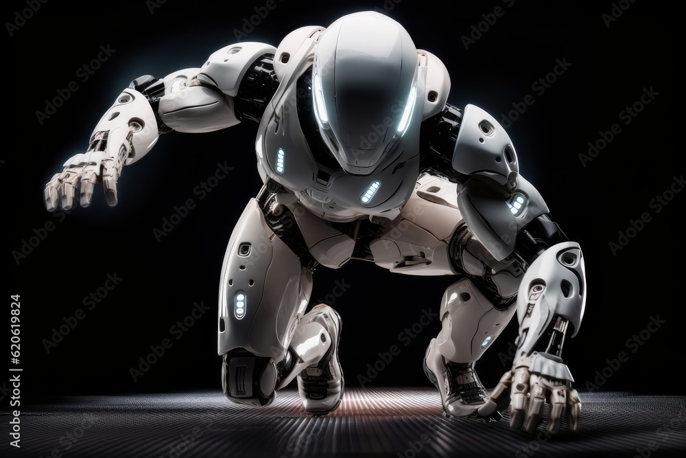 Illustration of a robot standing in a dark and mysterious environment created using generative AI Illustration of a robot standing in a dark and mysterious environment created using generative AI