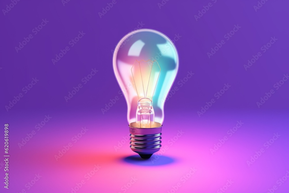 Illustration of a glowing light bulb on a purple background created using generative AI Illustration of a glowing light bulb on a purple background created using generative AI