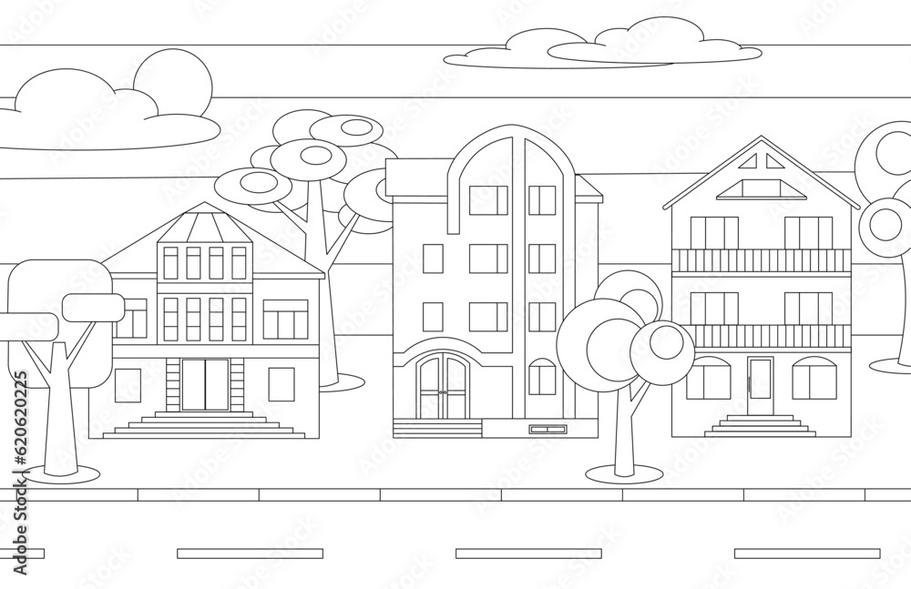 City street, houses, trees. Coloring book for children and adults. Vector graphics.