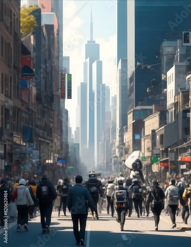 Technological Coexistence: Cityscape of Humans and Robots - (Generative AI)