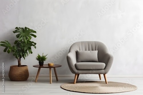interior design of livingroom  Armchair  table with green plant in pot  round carpet on floor
