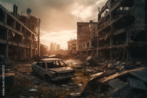 Desolate urban wasteland after an apocalypse  with technology taking over. Generative AI