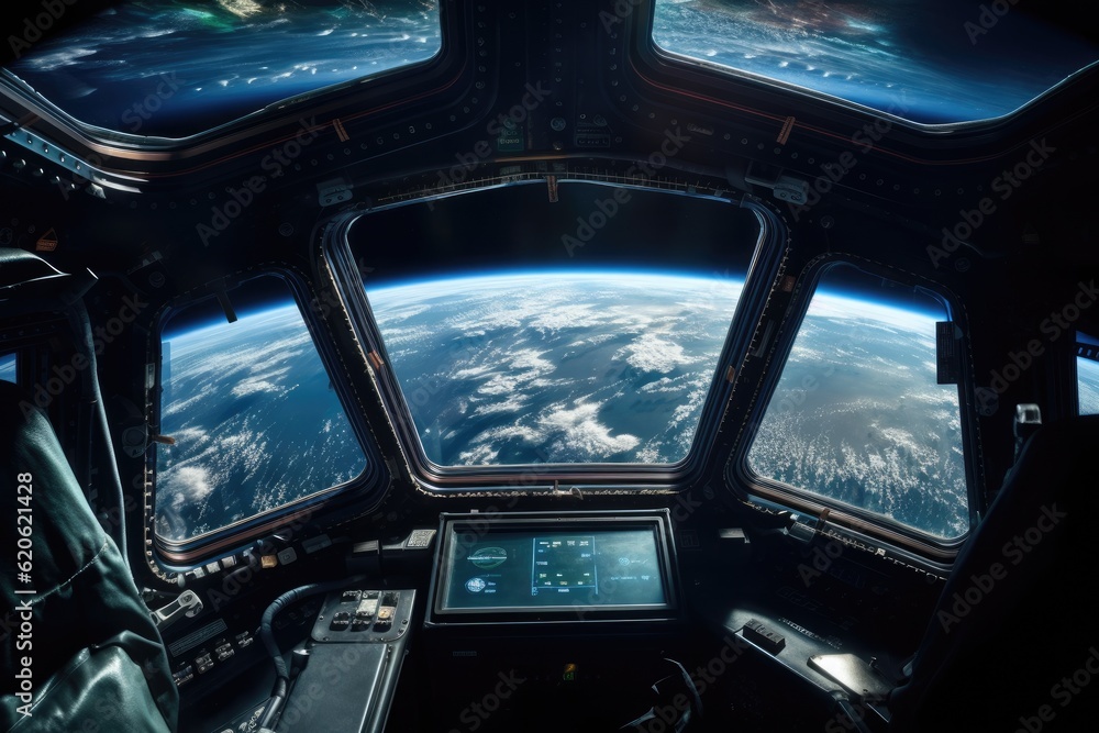 Naklejka premium Planet earth seen from inside spaceship - Generative AI