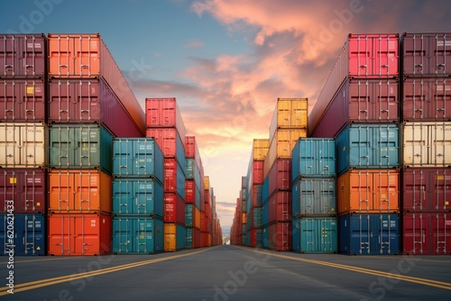 Rows of shipping containers in different colors. Transport business. Logistics import and export of goods - Generative AI photo