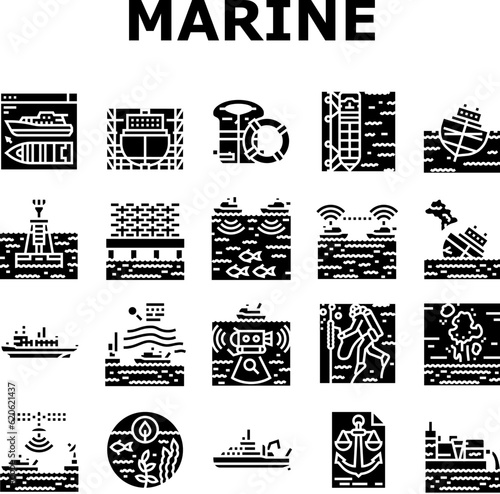 marine engineer boat mechanic icons set vector. industry nautical, ship shipping, vessel engine, machinery maritime, male worker marineengineer boat mechanic glyph pictogram Illustrations