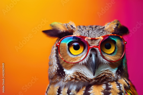 Spectacled Comedian: Owl Wearing Red Glasses - Delightful Humor Against an Orange Canvas - Generative AI © Code Canvas