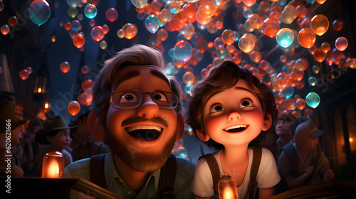 Father and his Little son playing in colorful balloon background, 3D style, cartoon animation. Generative ai