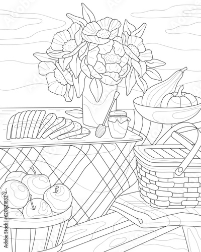 Coloring book for adults. Table in the garden. Vase of flowers, basket of apples, bread, honey.