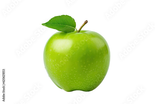 A portion of a green apple along with its green leaves is seen alone on a transparent background. The perspective is from the top. © AkuAku