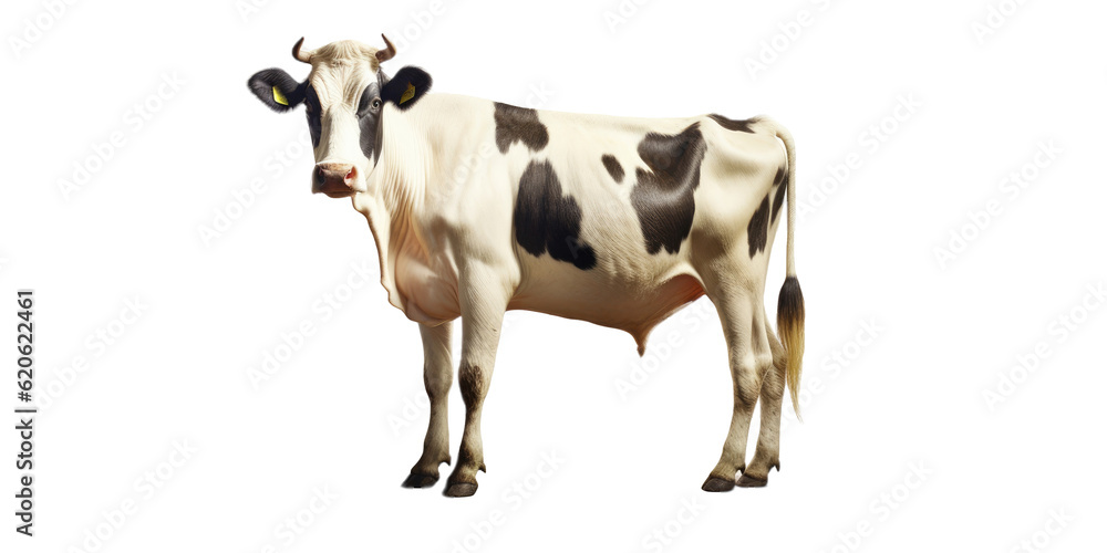 A cow standing alone on a transparent background. Created using 3D rendering techniques.
