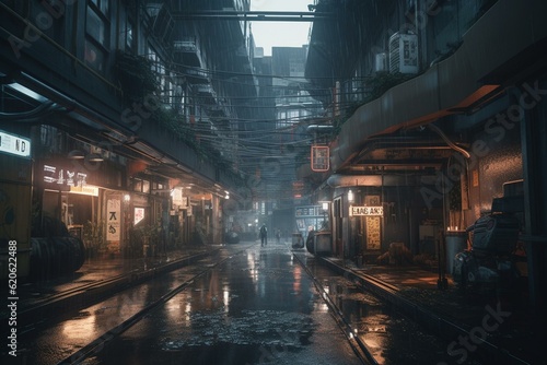 A futuristic urban scene with a dystopian ambiance. Generative AI