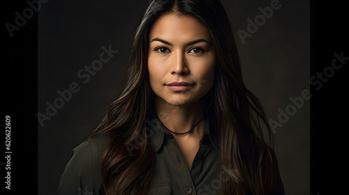 A beautiful hispanic woman with long, flowing hair stands proudly in a black shirt, created with Generative AI technology. She radiates confidence and strength, as if nothing can hold her back.