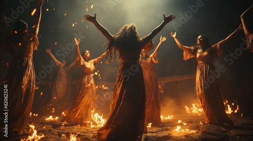 Witches dancing around fire in the forest. Ritual dance