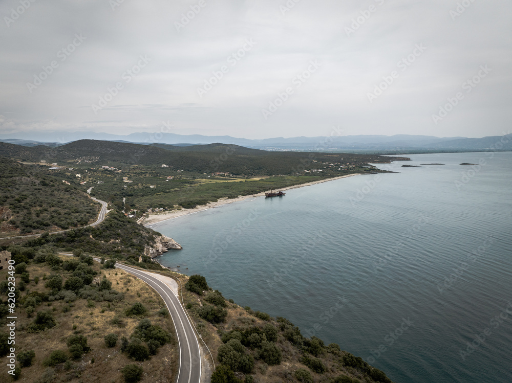 Fototapeta premium Aerial view of Valtaki Beach, Peloponnese, Greece (Gythio)