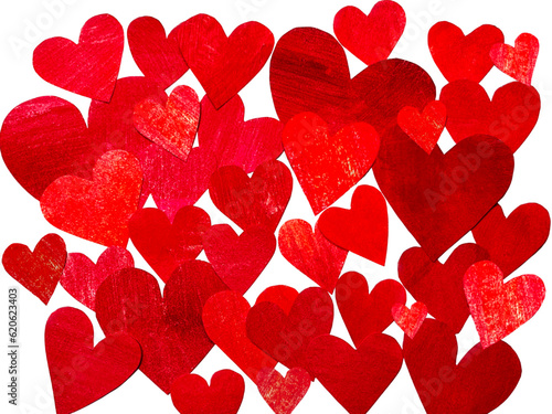 手描きテクスチャの赤いハートのコラージュイラスト、ハートが沢山ある背景、湧き出る愛の表現イラスト素材
