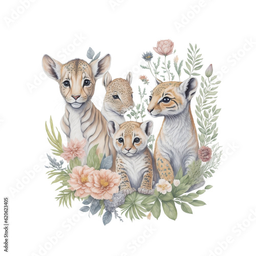 Watercolor safari animals illustration, generative ai
