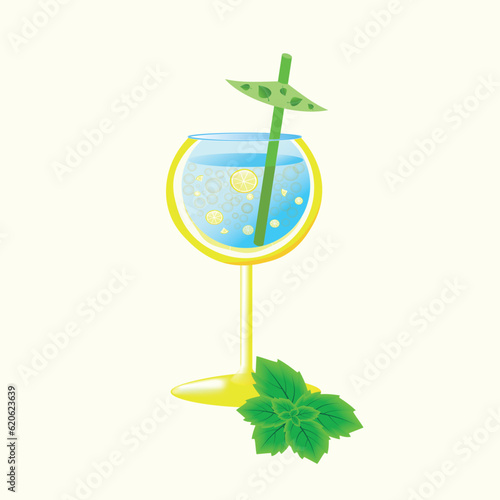 Refreshing lemon cocktail with a straw. Vector illustratuon. photo