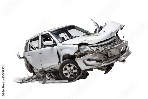 The front of a white vehicle has been involved in a road accident. It is shown separately against a transparent background. Saved using a clipping path.
