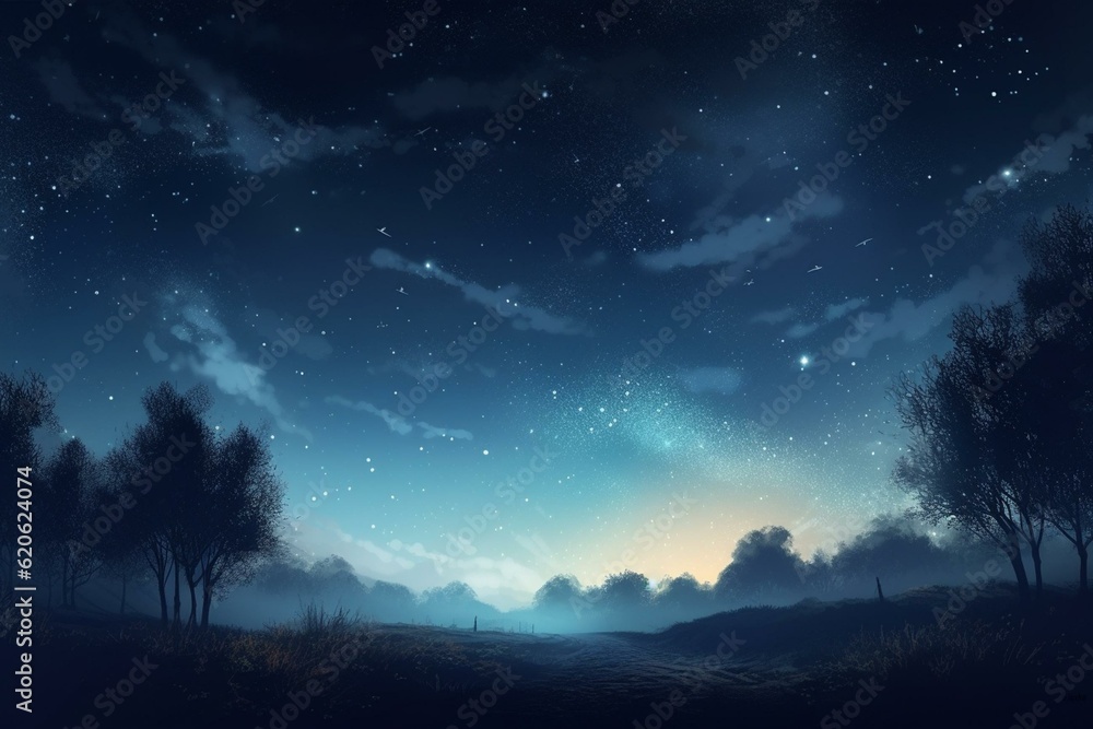 Illustration of blue watercolor starry sky landscape. Generative AI