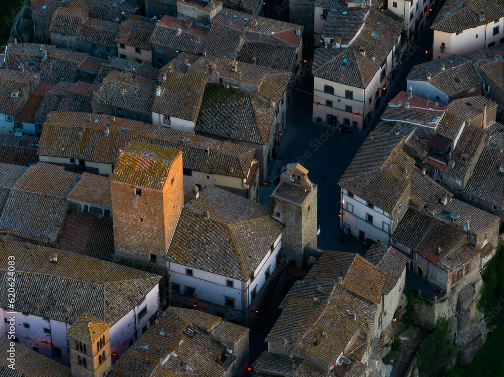 View from above, close-up view of the village of Vitorchiano at sunset. Vitorchiano is a medieval Italian village in Viterbo Province, Lazio, Italy..