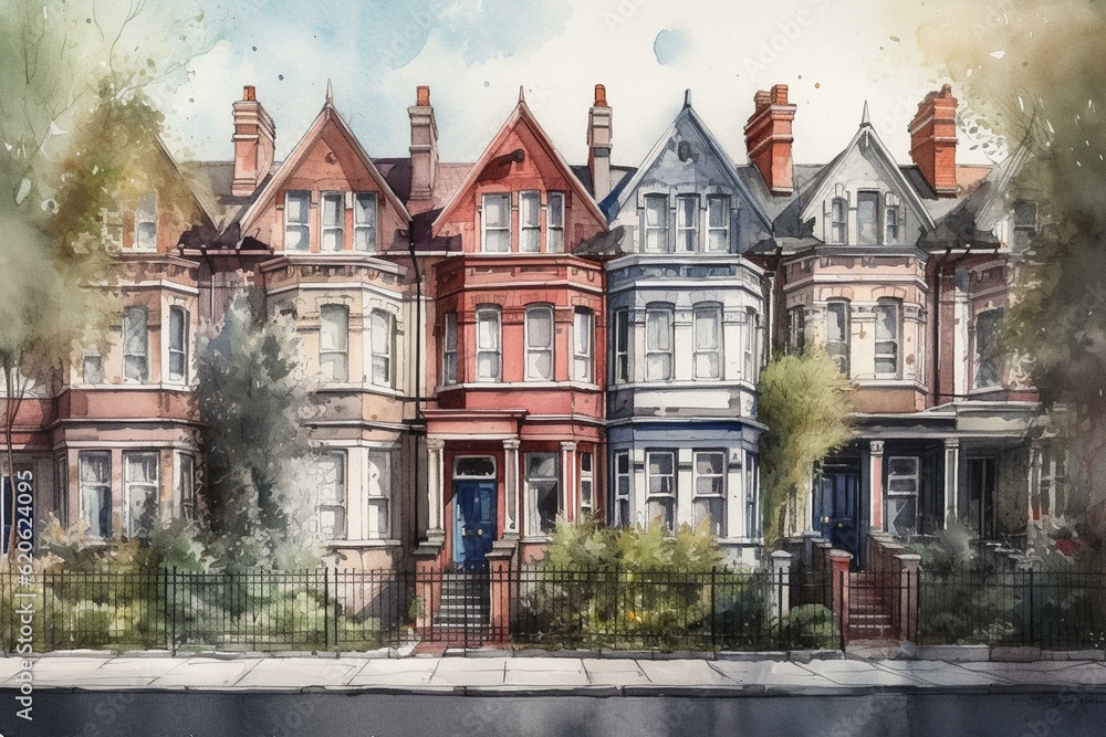 A watercolor of charming townhouses. Generative AI