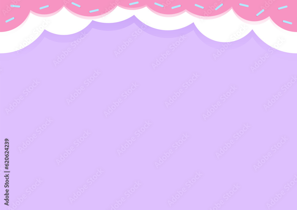 Purple background with a round pink border on top and donut-like sprinkles