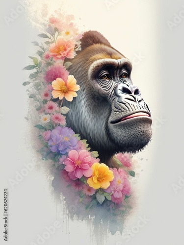 A detailed illustration a print of vintage gorilla head, flowers splash, t-shirt design