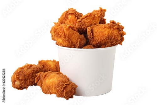 Fried chicken placed inside a paper bucket and separated from the background, Fried chicken set on a transparent background and with a clipping path.