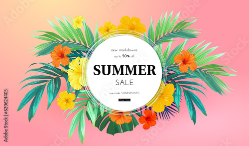 Summer tropical design for banner or flyer with exotic palm leaves, hibiscus flowers and space for text.
