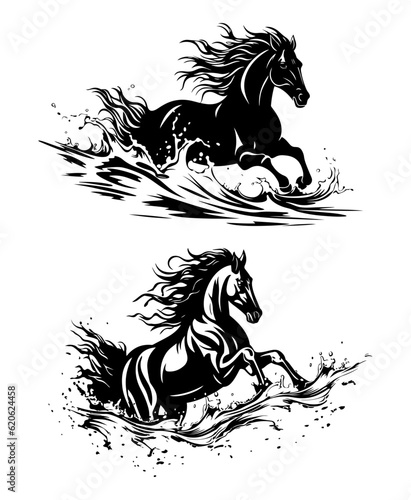 Horse running in the water, vector illustration