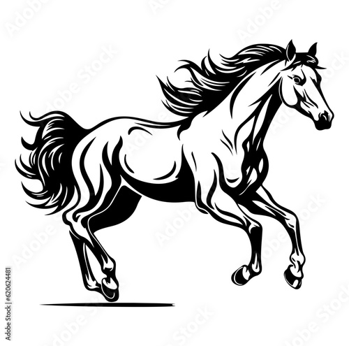 Horse running forward, side view, Black vector illustration, showing detailed lines and curves, isolated against white background, ¥