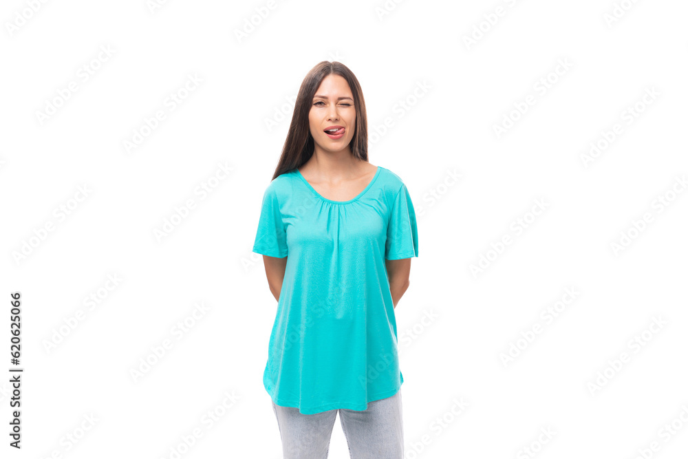 A 30 year old brunette adult woman with straight black hair wears a blue t-shirt everyday. people lifestyle concept