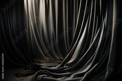 Luxury black silk curtain with abstract light spot background. Wavy design adds a touch of sophistication to any room. Generative AI